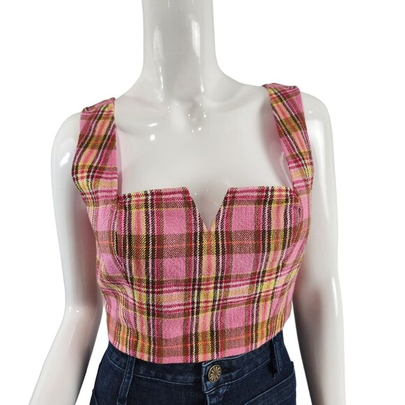 Maeve By Anthropologie Pink Combo Plaid Crop Top Size 2 - Picture 1 of 13